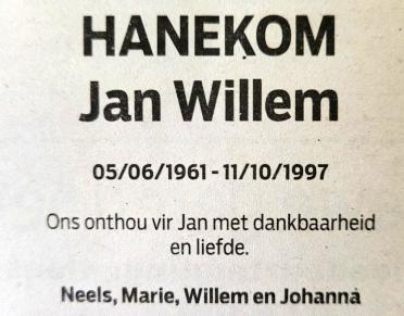 HANEKOM-Jan-Willem-Nn-Jan-1961-1997-M
